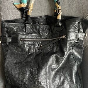 Black Leather Tote Bag with Scarf Accent